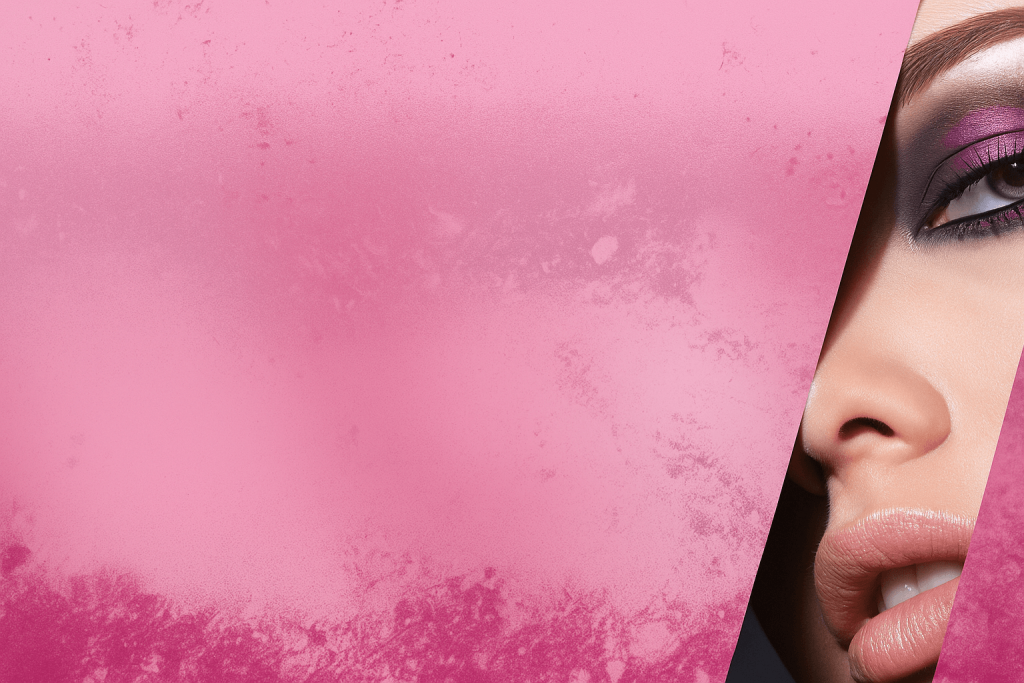 Sfondo rosa con volto femminile e trucco occhi in tonalità fucsia, immagine promozionale Etichub per il Polo Innovation Day & Beauty to Business Summit 2025.