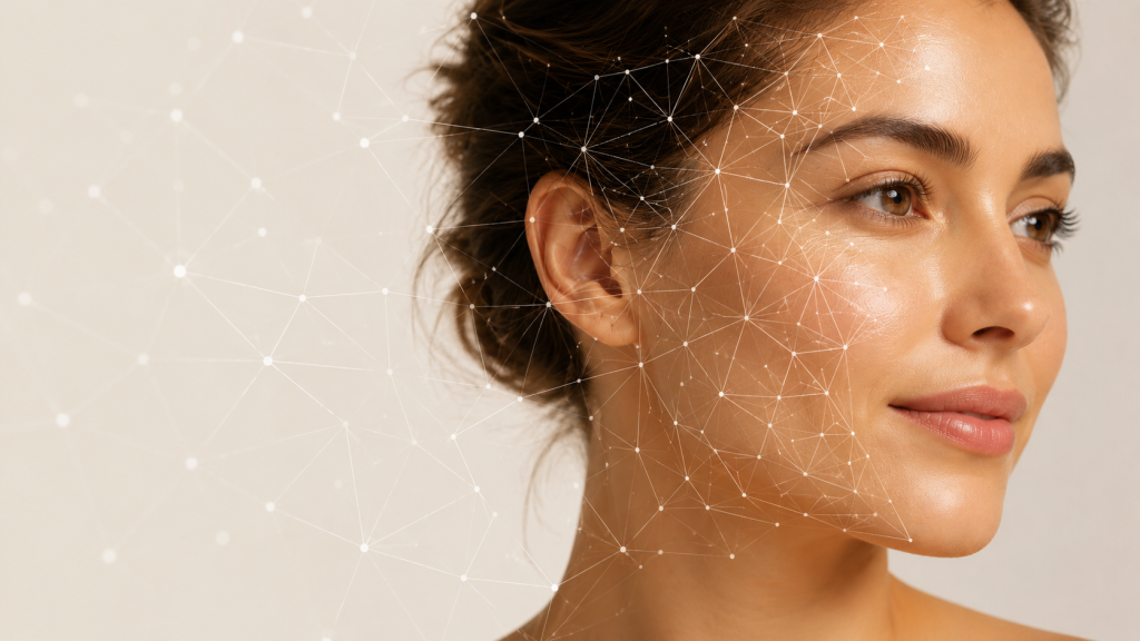 Volto femminile con reticolo geometrico tridimensionale che rappresenta un approccio integrato alla valutazione dell'efficacia cosmetica e della complessità biologica della pelle.