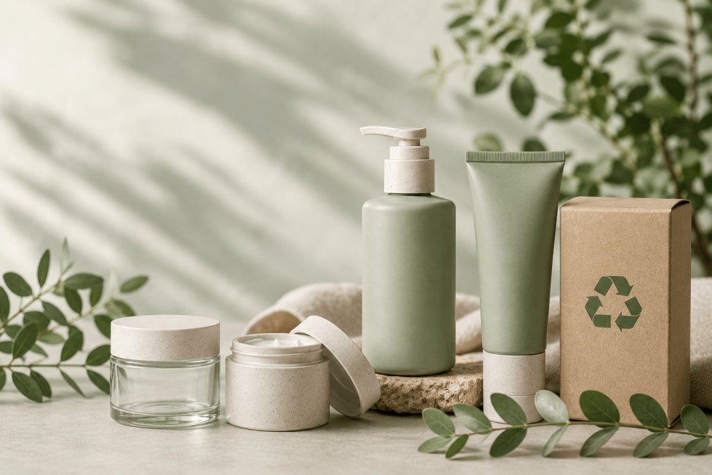 Packaging cosmetici sostenibili in materiali riciclabili con design minimal e tonalità naturali, simbolo di economia circolare e conformità al PPWR.